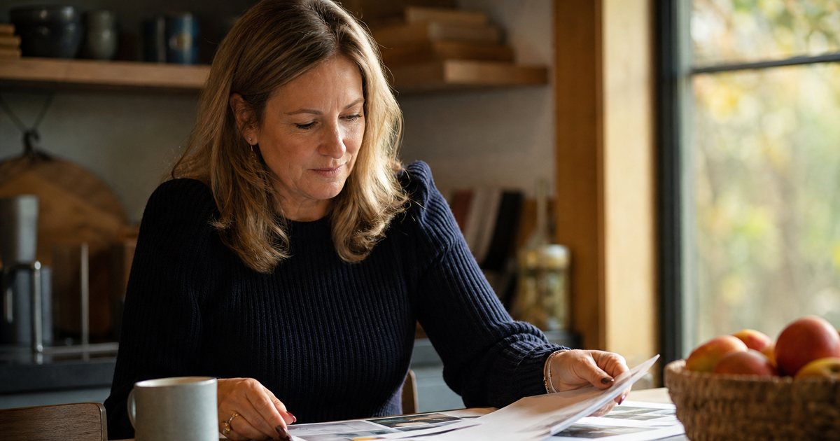 Market manager at a kitchen table in autumn light with printed pages spread out, a mug of coffee, and a basket of late-season apples beside the papers