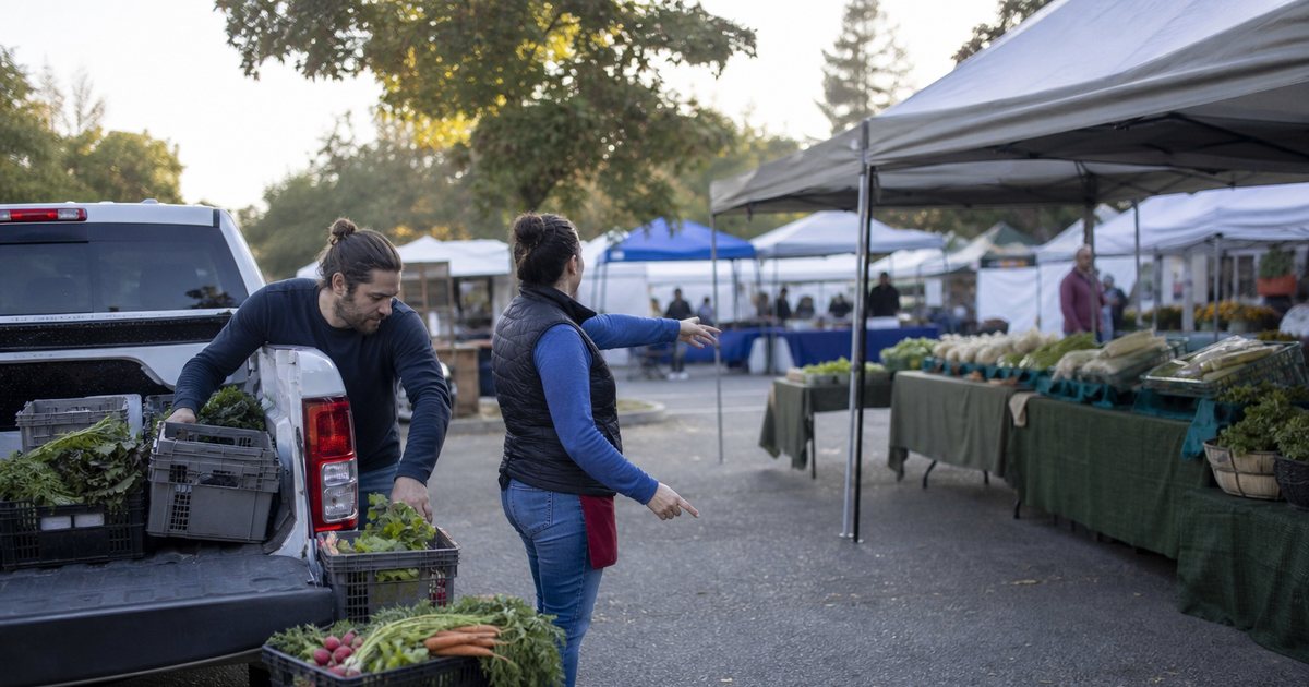New vendor unloading crates of vegetables from a pickup truck beside an empty stall space at a farmers market, market manager pointing toward the spot, neighboring tents already set up