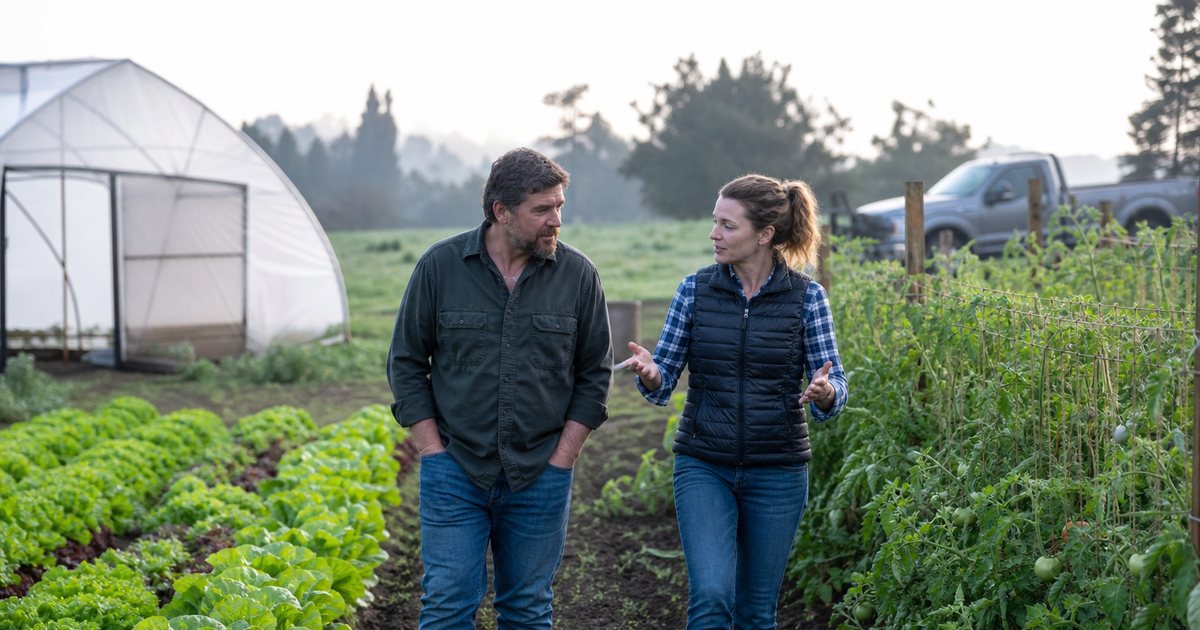 A market manager and a farmer walking together between rows of lettuce and staked tomato plants on a small family farm in early morning, muddy boots, a hoop greenhouse and a parked pickup truck in the background, soft daylight