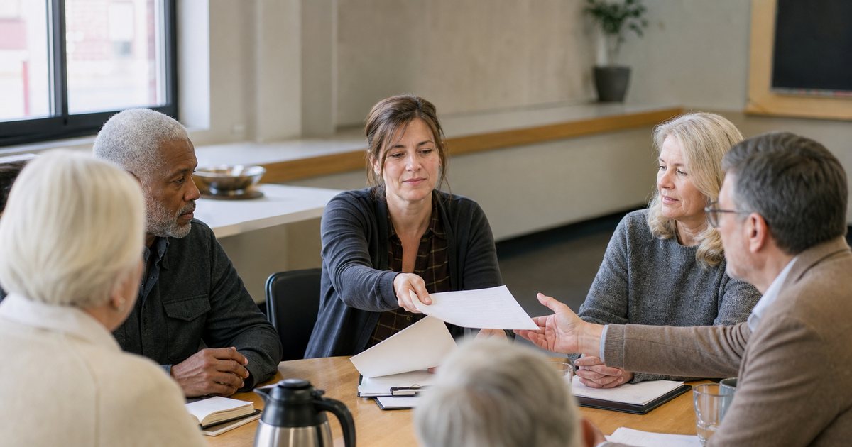 Small nonprofit board meeting around a wooden table in a community room, a market manager passing sheets of paper to five board members, coffee carafe and notepads on the table