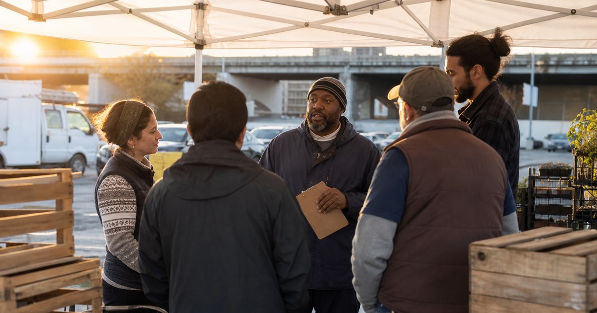 A small group of vendors and a market manager standing in a circle talking under a white canopy at the end of a market day, stacked empty wooden crates and folding chairs beside them, warm late afternoon sunlight