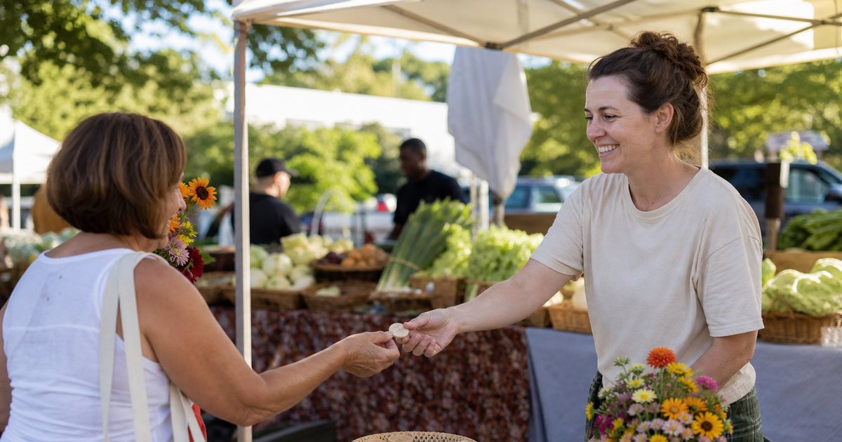 Farmers market information booth with a volunteer handing wooden tokens to a shopper across a folding table, canvas canopy, baskets of vegetables at nearby stalls, warm morning light