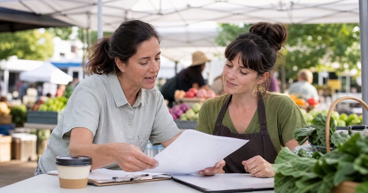 Farmers market manager at a folding table under a canopy reviewing a paper folder with a vendor in an apron, morning market in the background, coffee cup and clipboard on the table