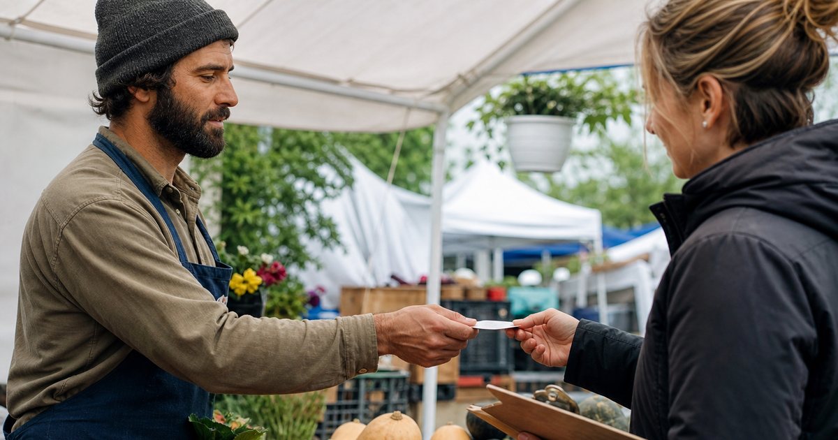 Farmers market vendor at a produce stall handing a paper slip to a market manager holding a clipboard, morning light, canvas tent, wooden crates of tomatoes and squash