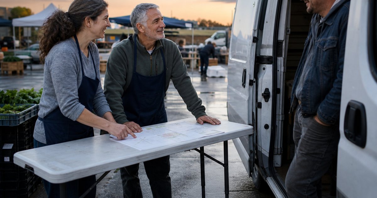 Two volunteers in matching aprons at a folding table with a paper stall map, greeting a vendor stepping out of a van at dawn, farmers market setup in progress behind them